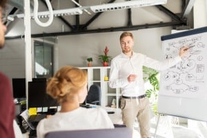 business team with scheme on flipboard at office
